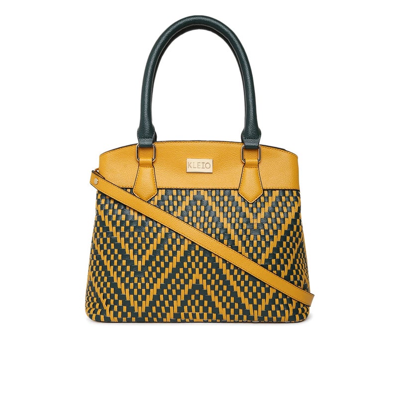 KLEIO Faux Leather Hand Weave Satchel Handbag for Women - Mustard - Image 1